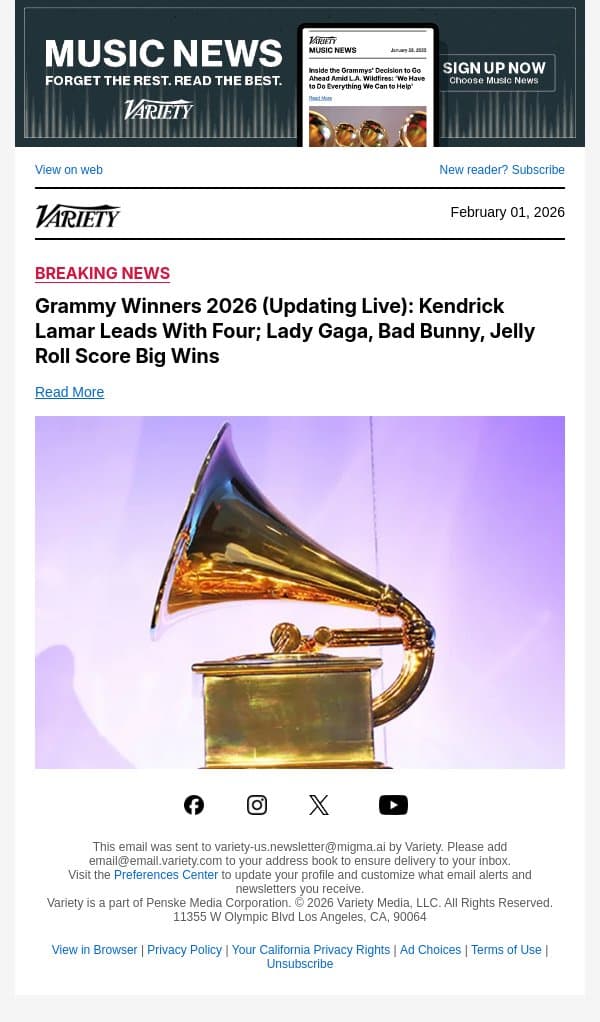 Lola Young Wins Grammy for Best Pop Solo Performance email from Variety screenshot