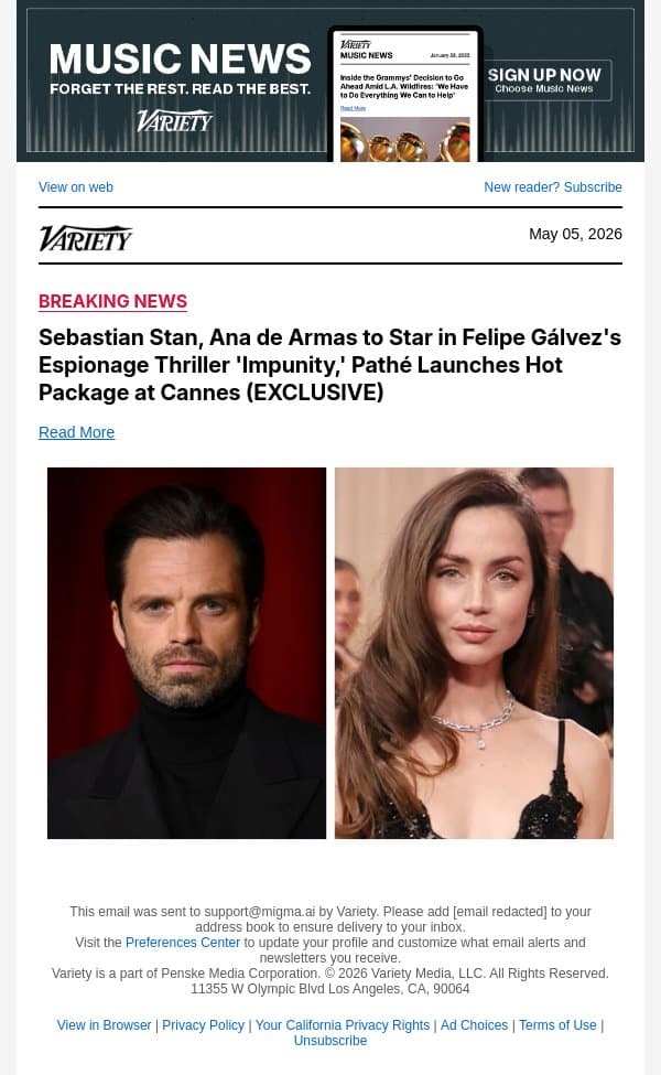 Sebastian Stan, Ana de Armas to Star in Felipe Gálvez's Espionage Thriller 'Impunity,' Pathé Launches Hot Package at Cannes (EXCLUSIVE) email from Variety screenshot