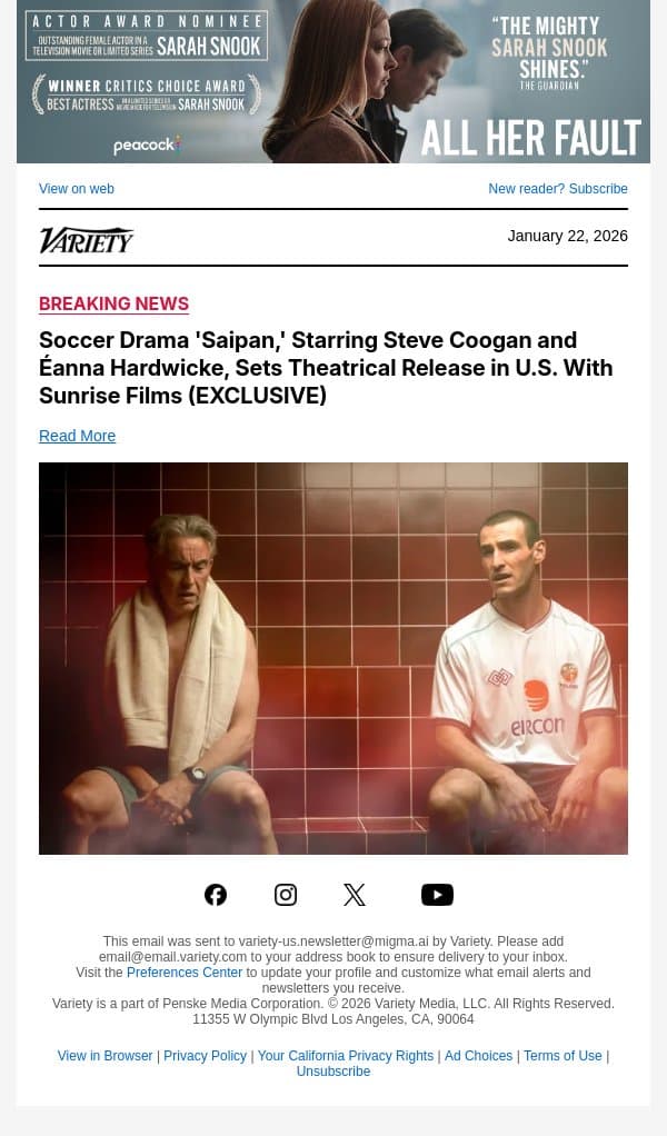 Soccer Drama 'Saipan,' Starring Steve Coogan and Éanna Hardwicke, Sets Theatrical Release in U.S. With Sunrise Films (EXCLUSIVE) email from Variety screenshot