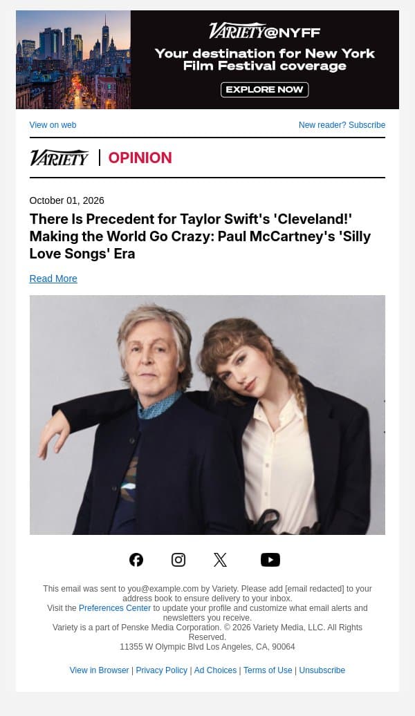 There Is Precedent for Taylor Swift's 'Cleveland!' Making the World Go Crazy: Paul McCartney's 'Silly Love Songs' Era email from Variety screenshot