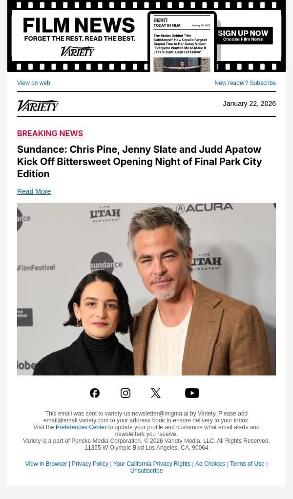 Sundance: Chris Pine, Jenny Slate and Judd Apatow Kick Off Bittersweet Opening Night of Final Park City Edition email from Variety screenshot