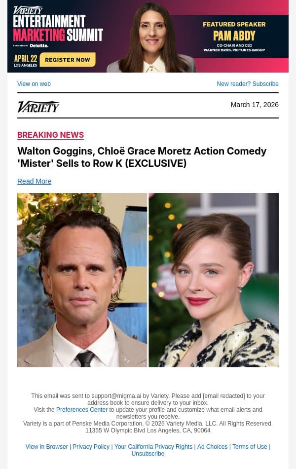 Walton Goggins, Chloë Grace Moretz Action Comedy 'Mister' Sells to Row K (EXCLUSIVE) email from Variety screenshot