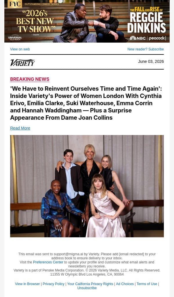 'We Have to Reinvent Ourselves Time and Time Again': Inside Variety's Power of Women London With Cynthia Erivo, Emilia Clarke, Suki Waterhouse, Emma Corrin and Hannah Waddingham — Plus a Surprise Appearance From Dame Joan Collins email from Variety screenshot