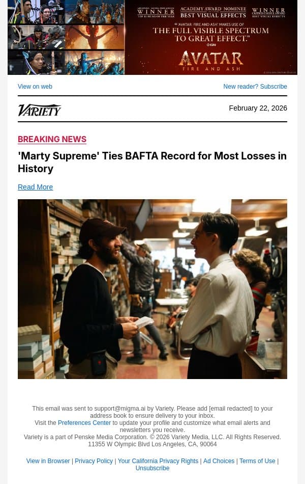 'Marty Supreme' Ties BAFTA Record for Most Losses in History email from Variety screenshot