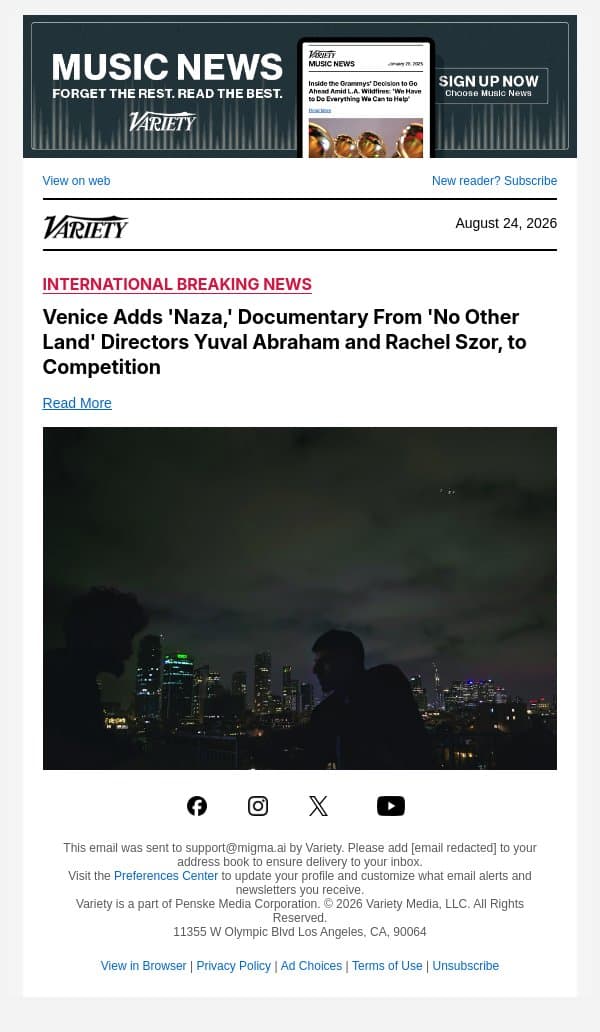 Venice Adds 'Naza,' Documentary From 'No Other Land' Directors Yuval Abraham and Rachel Szor, to Competition email from Variety screenshot