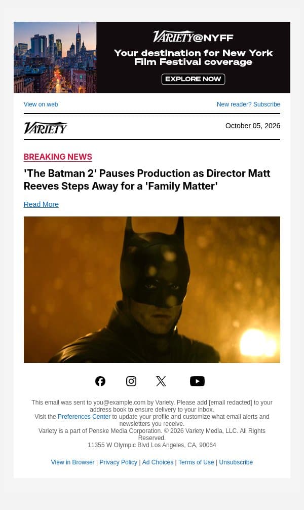 'The Batman 2' Pauses Production as Director Matt Reeves Steps Away for a 'Family Matter' email from Variety screenshot