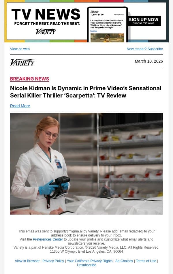 Nicole Kidman Is Dynamic in Prime Video’s Sensational Serial Killer Thriller ‘Scarpetta’: TV Review email from Variety screenshot