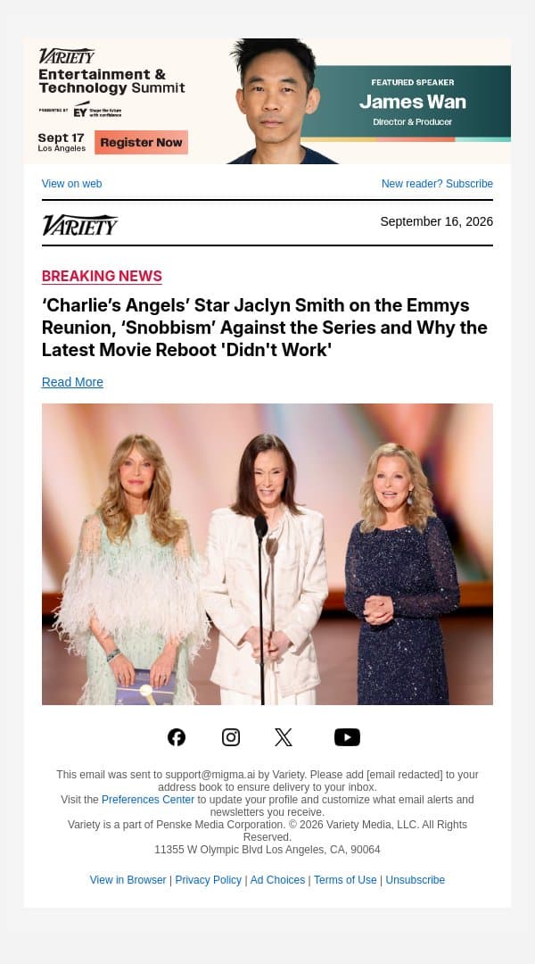 ‘Charlie’s Angels’ Star Jaclyn Smith on the Emmys Reunion, ‘Snobbism’ Against the Series and Why the Latest Movie Reboot 'Didn't Work' email from Variety screenshot
