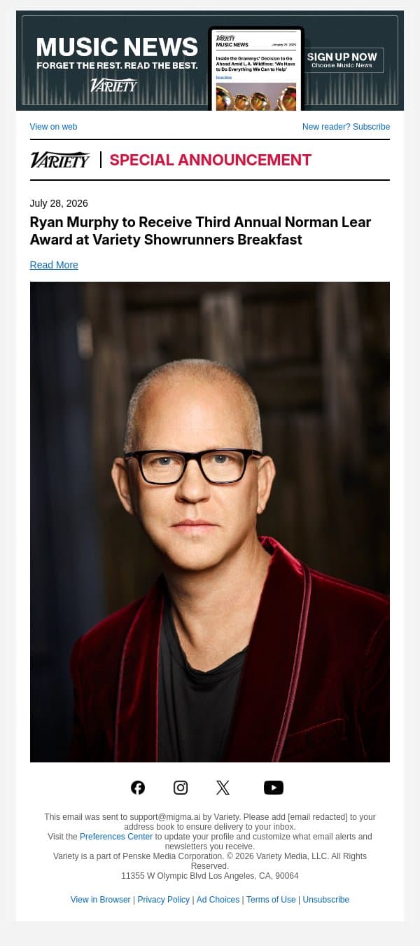 Ryan Murphy to Receive Third Annual Norman Lear Award at Variety Showrunners Breakfast email from Variety screenshot