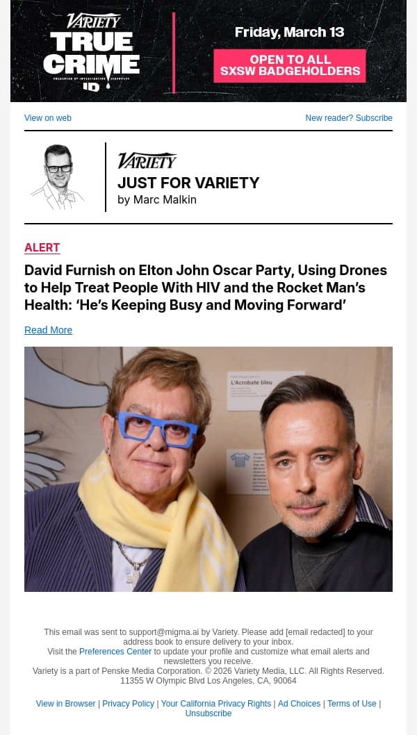David Furnish on Elton John Oscar Party, Using Drones to Help Treat People With HIV and the Rocket Man’s Health: ‘He’s Keeping Busy and Moving Forward’ email from Variety screenshot