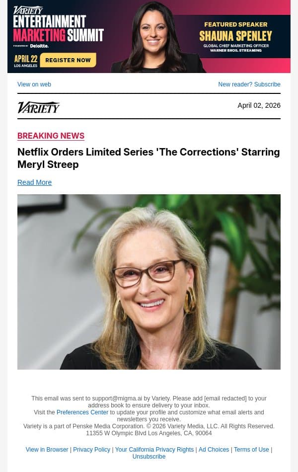 Netflix Orders Limited Series 'The Corrections' Starring Meryl Streep email from Variety screenshot