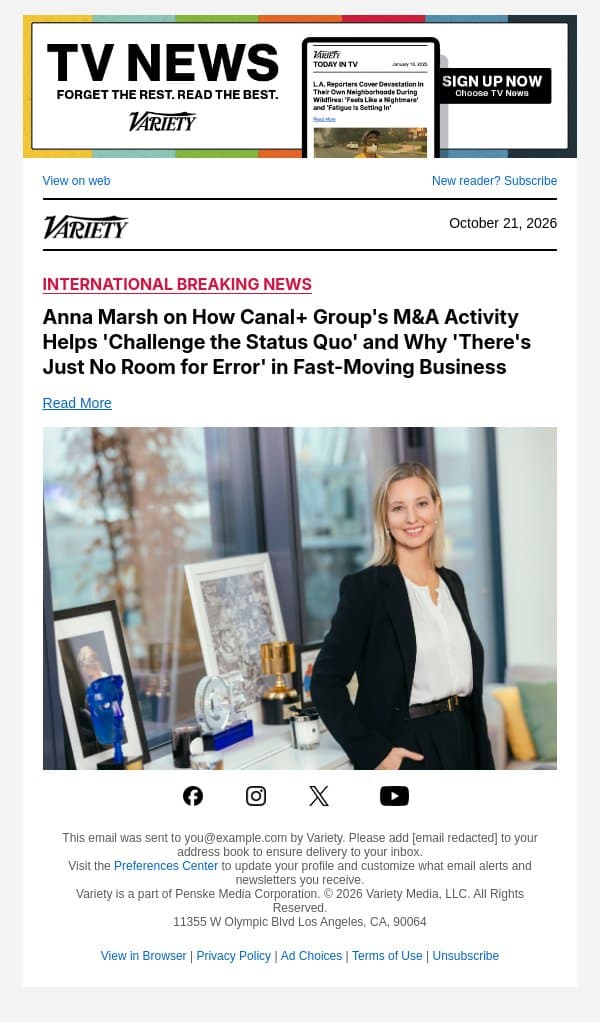 Anna Marsh on How Canal+ Group's M&A Activity Helps 'Challenge the Status Quo' and Why 'There's Just No Room for Error' in Fast-Moving Business email from Variety screenshot