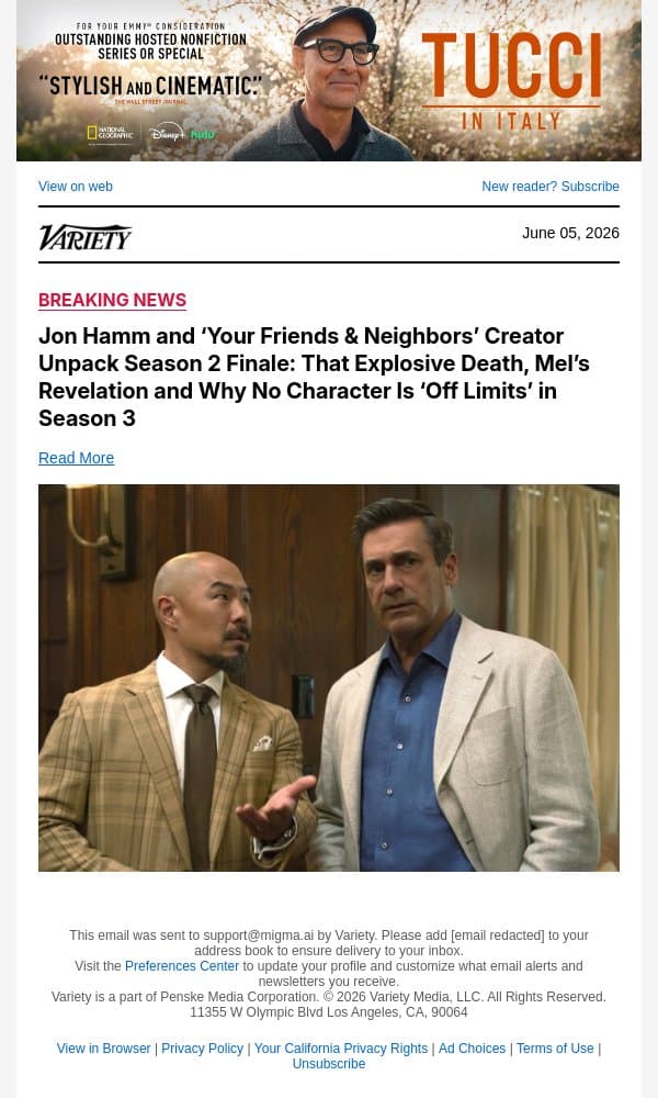 Jon Hamm and ‘Your Friends and Neighbors’ Creator Unpack Season 2 Finale: That Explosive Death, Mel’s Revelation and Why No Character Is ‘Off Limits’ in Season 3 email from Variety screenshot