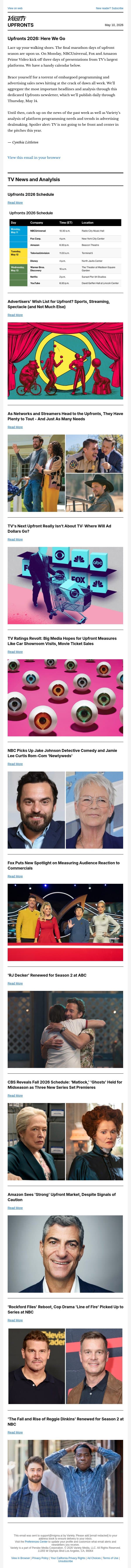 UPFRONTS 2026: What Advertisers Want; What Platforms Need Most; TV's Ratings Revolt; NBC Reboots 'Rockford Files'; ABC Renews 'R.J. Decker'; Fox Takes Consumer Pulse; Upfront Event Schedule; and More email from Variety screenshot