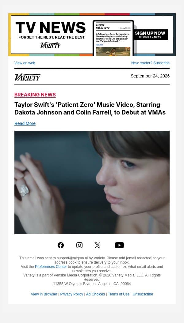 Taylor Swift's 'Patient Zero' Music Video, Starring Dakota Johnson and Colin Farrell, to Debut at VMAs email from Variety screenshot