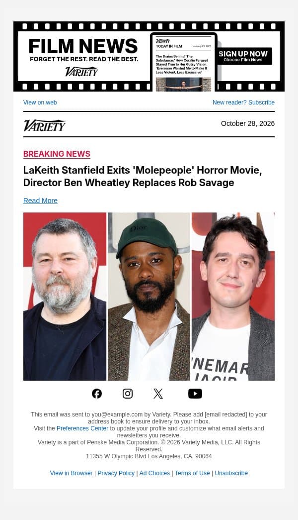 LaKeith Stanfield Exits 'Molepeople' Horror Movie, Director Ben Wheatley Replaces Rob Savage email from Variety screenshot