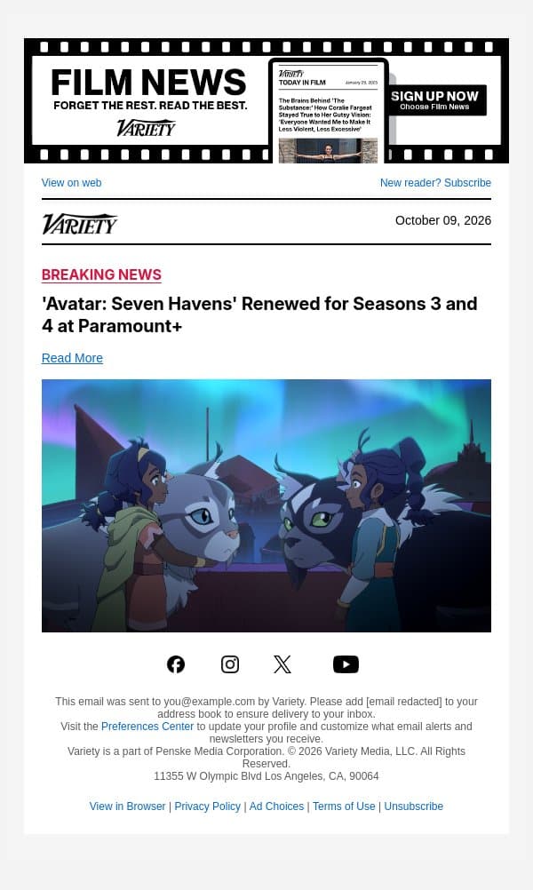 'Avatar: Seven Havens' Renewed for Seasons 3 and 4 at Paramount+ email from Variety screenshot