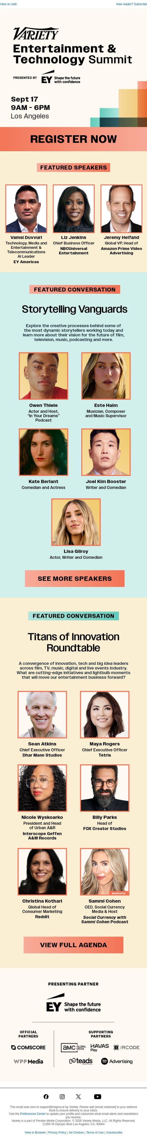 Owen Thiele, Este Haim, Liz Jenkins, and More to Speak at Variety’s Entertainment & Technology Summit email from Variety screenshot