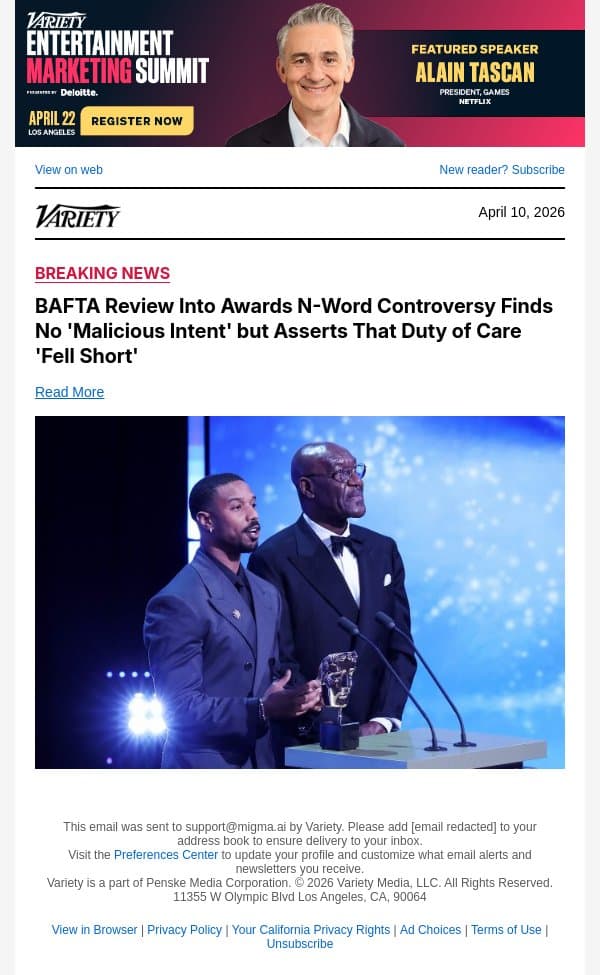 BAFTA Review Into Awards N-Word Controversy Finds No 'Malicious Intent' but Asserts That Duty of Care 'Fell Short' email from Variety screenshot