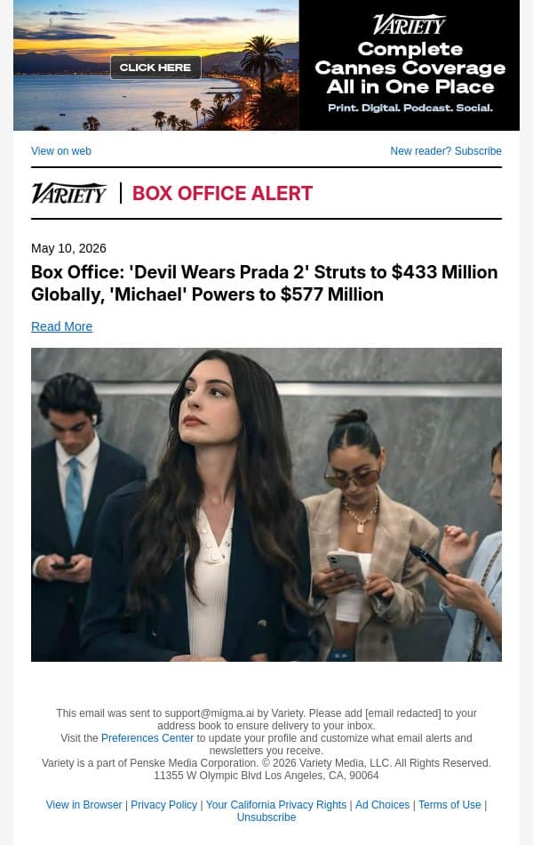 Box Office: 'Devil Wears Prada 2' Struts to $433 Million Globally, 'Michael' Powers to $577 Million email from Variety screenshot