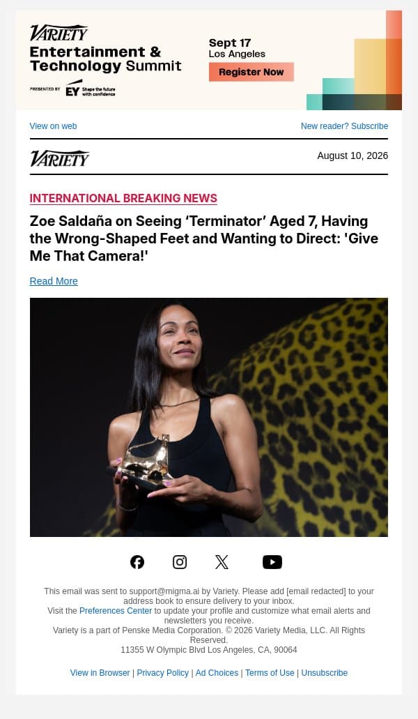 Zoe Saldaña on Seeing ‘Terminator’ Aged 7, Having the Wrong-Shaped Feet and Wanting to Direct: 'Give Me That Camera!' email from Variety screenshot