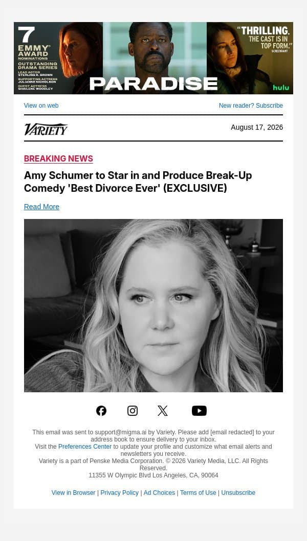 Amy Schumer to Star in and Produce Break-Up Comedy 'Best Divorce Ever' (EXCLUSIVE) email from Variety screenshot