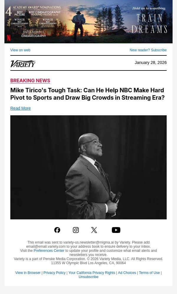 Mike Tirico's Tough Task: Can He Help NBC Make Hard Pivot to Sports and Draw Big Crowds in Streaming Era? email from Variety screenshot