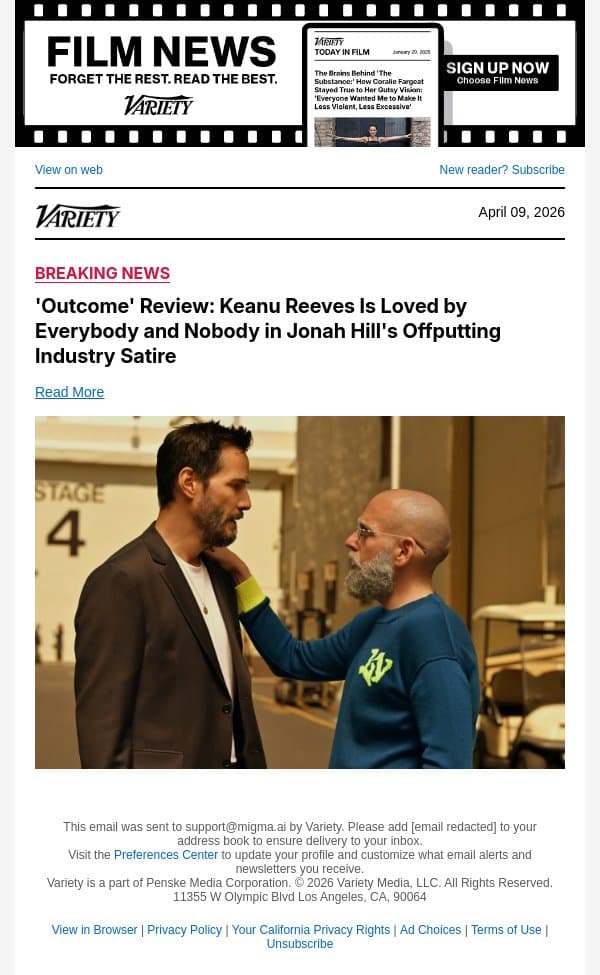 'Outcome' Review: Keanu Reeves Is Loved by Everybody and Nobody in Jonah Hill's Offputting Industry Satire email from Variety screenshot