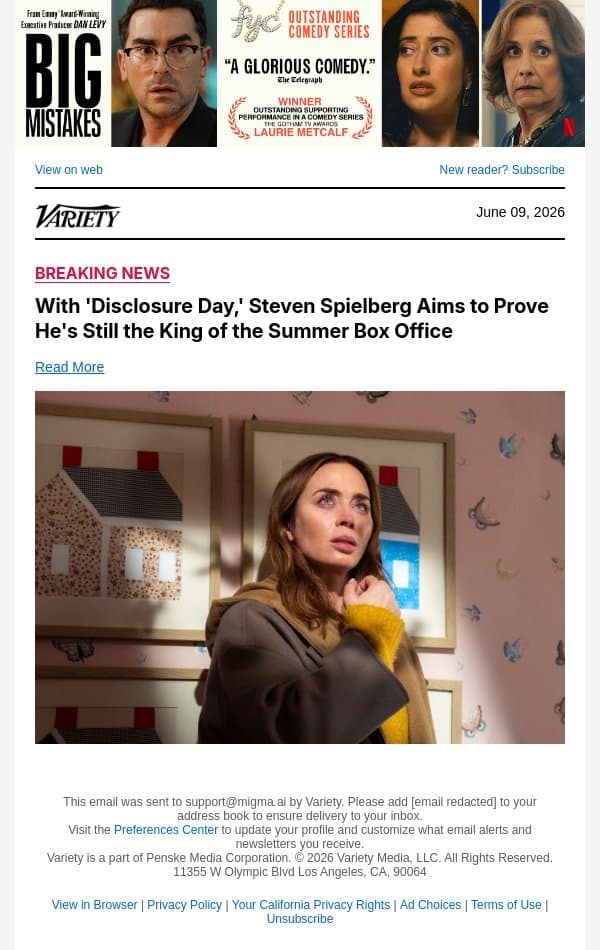 With 'Disclosure Day,' Steven Spielberg Aims to Prove He's Still the King of the Summer Box Office email from Variety screenshot