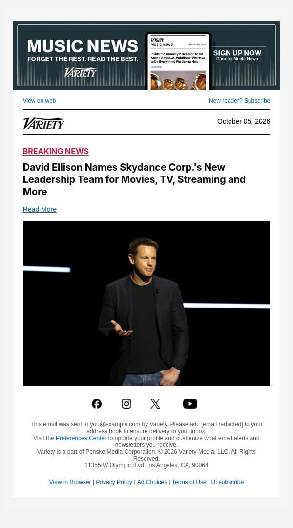 David Ellison Names Skydance Corp.'s New Leadership Team for Movies, TV, Streaming and More email from Variety screenshot
