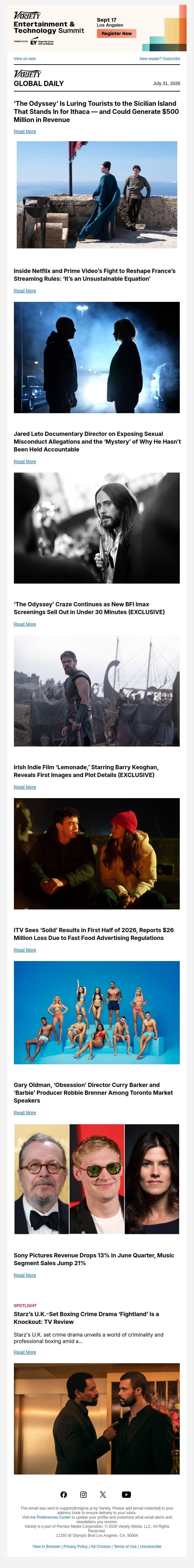 'Odyssey' Tourism Boom; The Fight to Reshape France's Streaming Rules; Jared Leto Doc Director Interview email from Variety screenshot