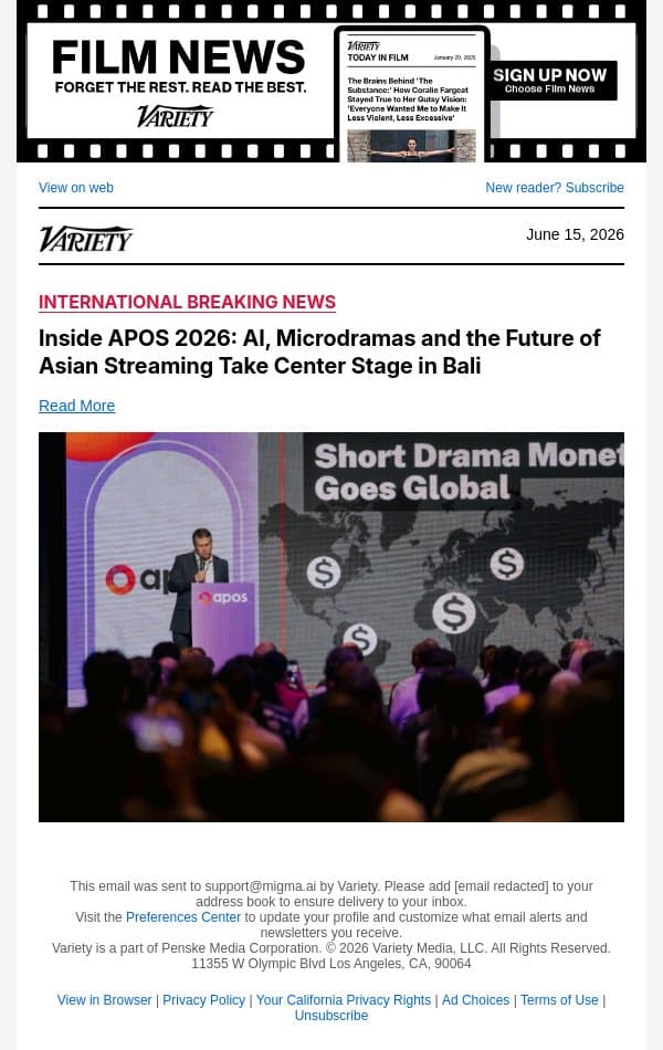 Inside APOS 2026: AI, Microdramas and the Future of Asian Streaming Take Center Stage in Bali email from Variety screenshot