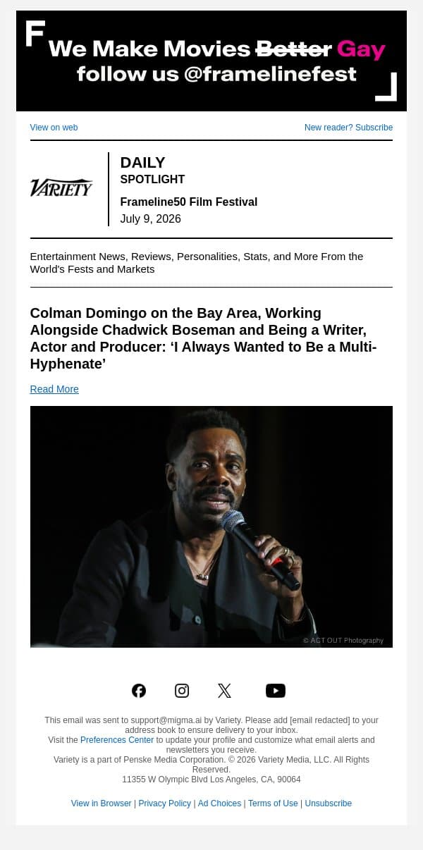 Colman Domingo on the Bay Area, Working Alongside Chadwick Boseman and Being a Writer, Actor and Producer: ‘I Always Wanted to be a Multi-Hyphenate’ email from Variety screenshot