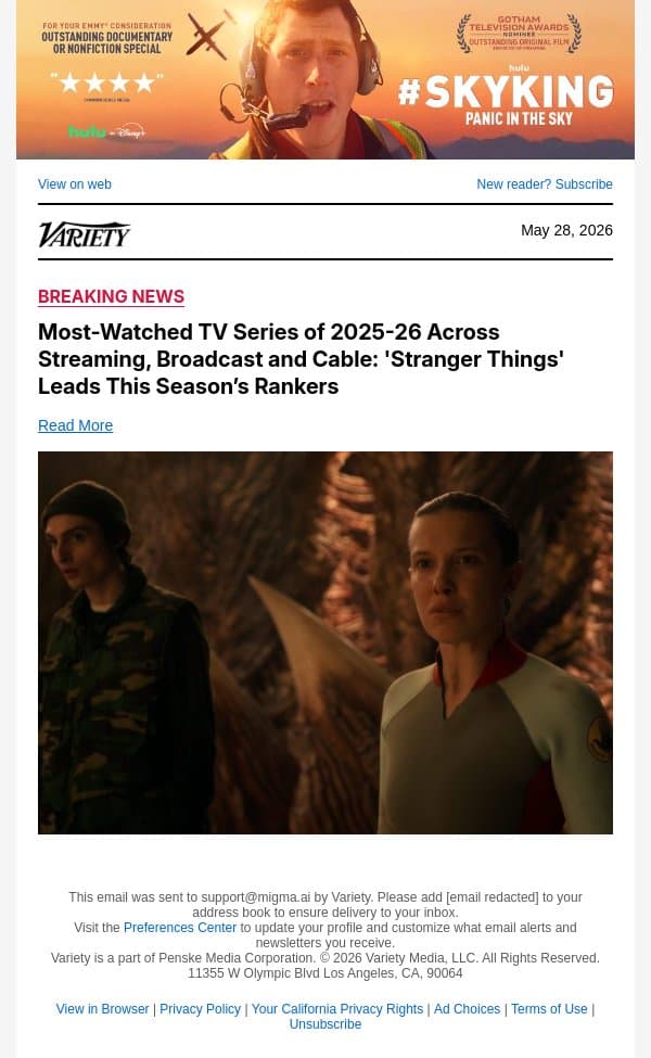 Most-Watched TV Series of 2025-26 Across Streaming, Broadcast and Cable: 'Stranger Things' Leads This Season’s Rankers email from Variety screenshot