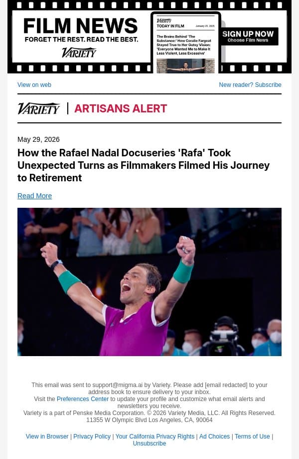 How the Rafael Nadal Docuseries 'Rafa' Took Unexpected Turns as Filmmakers Filmed His Journey to Retirement email from Variety screenshot
