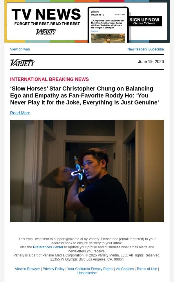 ‘Slow Horses’ Star Christopher Chung on Balancing Ego and Empathy as Fan-Favorite Roddy Ho: ‘You Never Play It for the Joke, Everything Is Just Genuine' email from Variety screenshot