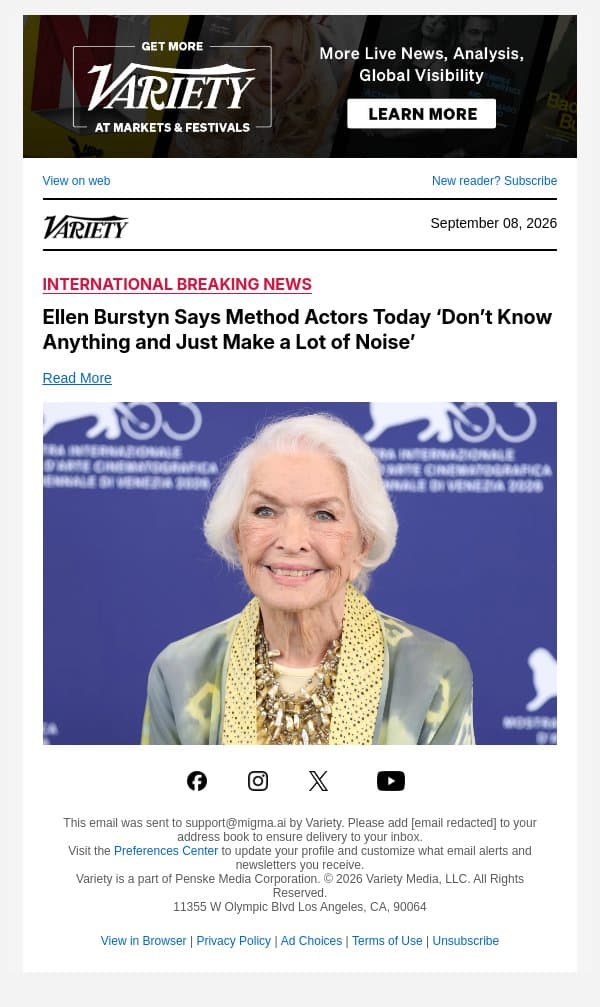 Ellen Burstyn Says Method Actors Today ‘Don’t Know Anything and Just Make a Lot of Noise’ email from Variety screenshot