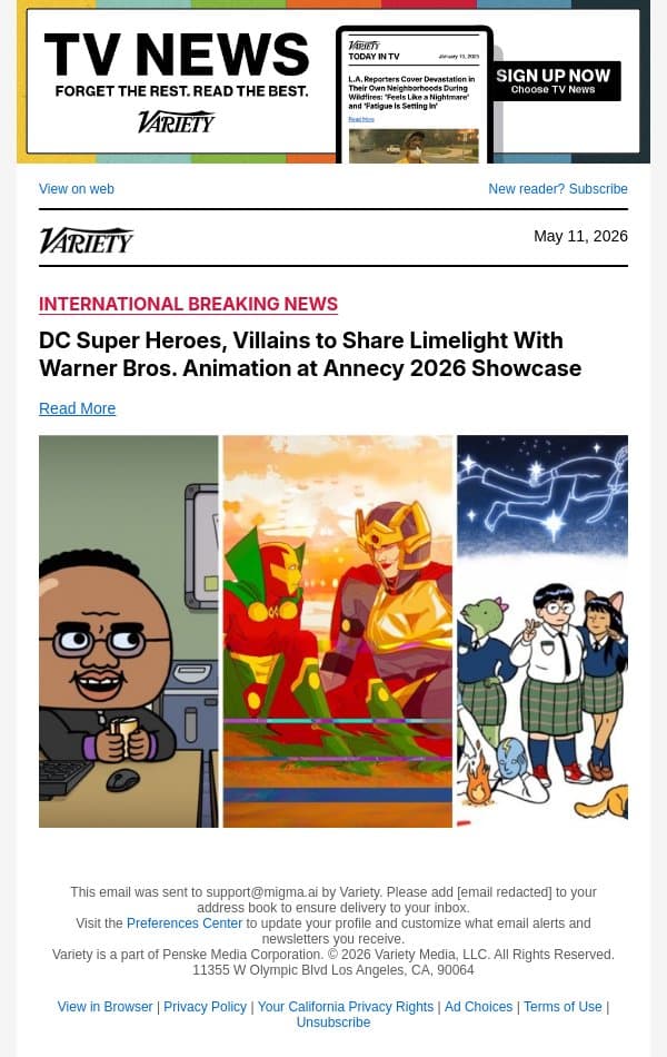 DC Super Heroes, Villains to Share Limelight With Warner Bros. Animation at Annecy 2026 Showcase email from Variety screenshot