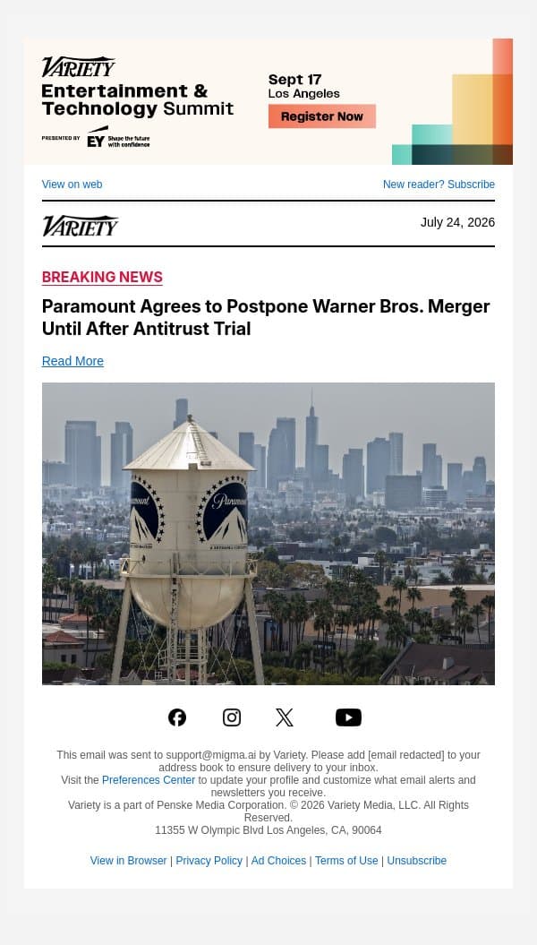 Paramount Agrees to Postpone Warner Bros. Merger Until After Antitrust Trial email from Variety screenshot