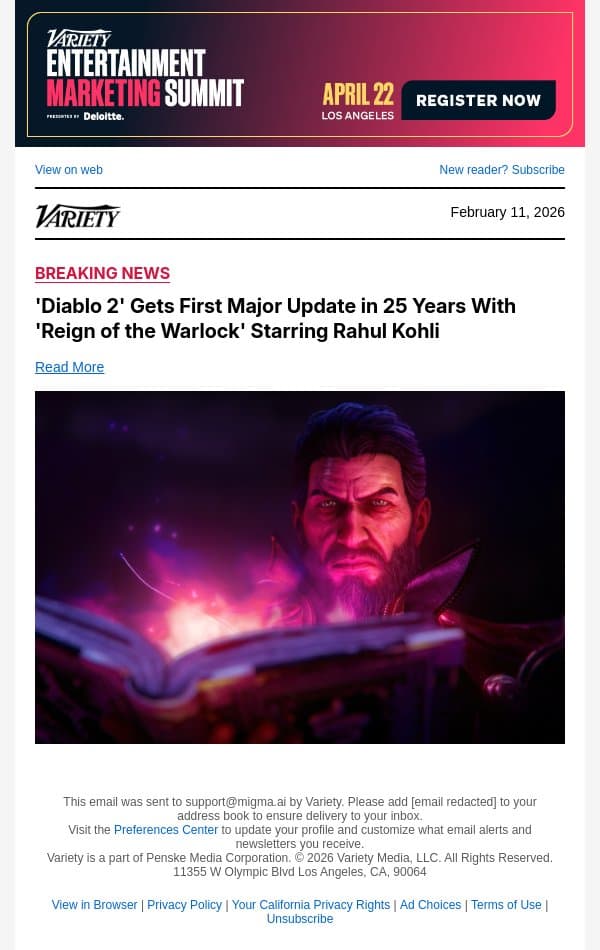 'Diablo 2' Gets First Major Update in 25 Years With 'Reign of the Warlock' Starring Rahul Kohli email from Variety screenshot