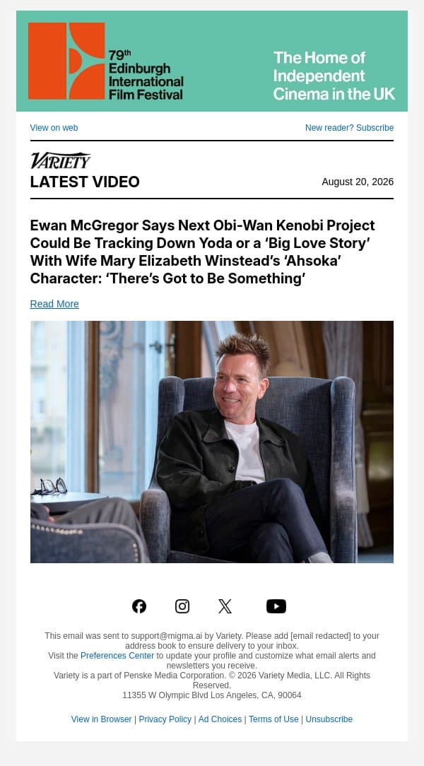 Ewan McGregor Says Next Obi-Wan Kenobi Project Could Be Tracking Down Yoda or a ‘Big Love Story’ With Wife Mary Elizabeth Winstead’s ‘Ahsoka’ Character: ‘There’s Got to Be Something’ email from Variety screenshot