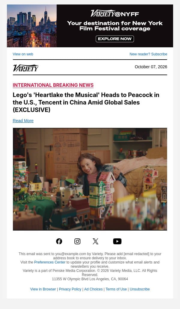 Lego's 'Heartlake the Musical' Heads to Peacock in the U.S., Tencent in China Amid Global Sales (EXCLUSIVE) email from Variety screenshot