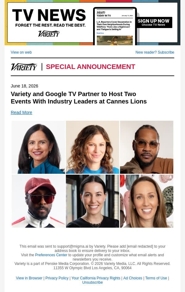 Variety and Google TV Partner to Host Two Events With Industry Leaders at Cannes Lions email from Variety screenshot