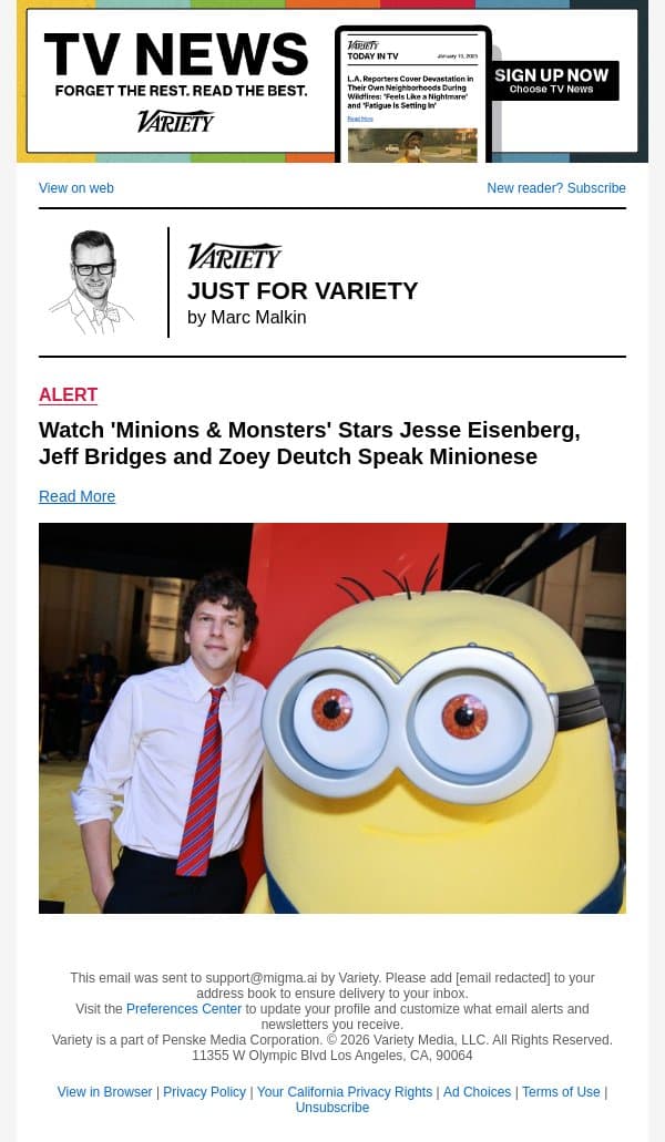 Watch 'Minions and Monsters' Stars Jesse Eisenberg, Jeff Bridges and Zoey Deutch Speak Minionese email from Variety screenshot