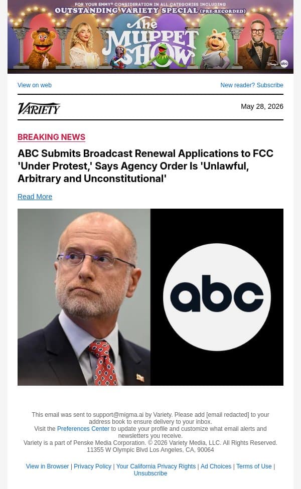 ABC Submits Broadcast Renewal Applications to FCC 'Under Protest,' Says Agency Order Is 'Unlawful, Arbitrary and Unconstitutional' email from Variety screenshot