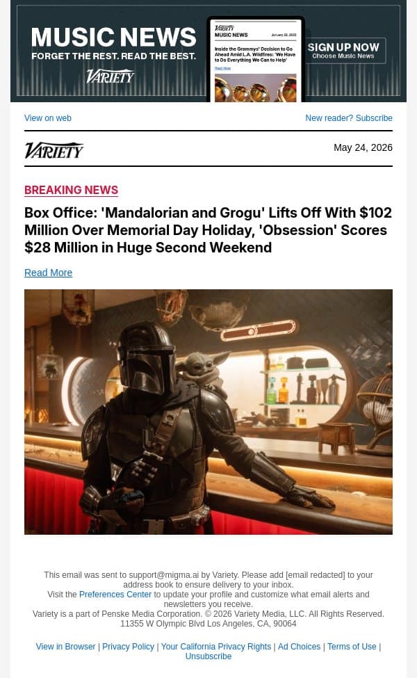 Box Office: 'Mandalorian and Grogu' Lifts Off With $102 Million Over Memorial Day Holiday, 'Obsession' Scores $28 Million in Huge Second Weekend email from Variety screenshot