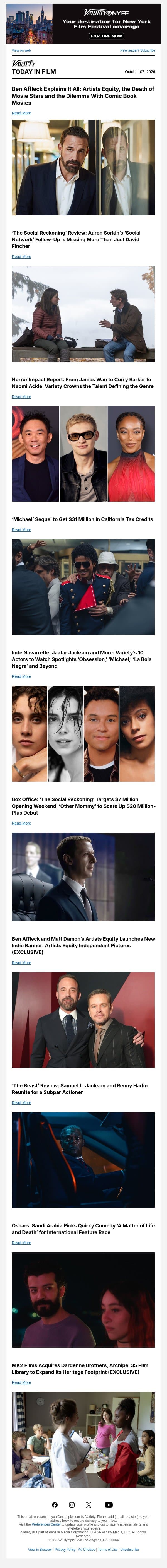 Ben Affleck Cover; 'The Social Reckoning' Review; Horror Impact Report email from Variety screenshot