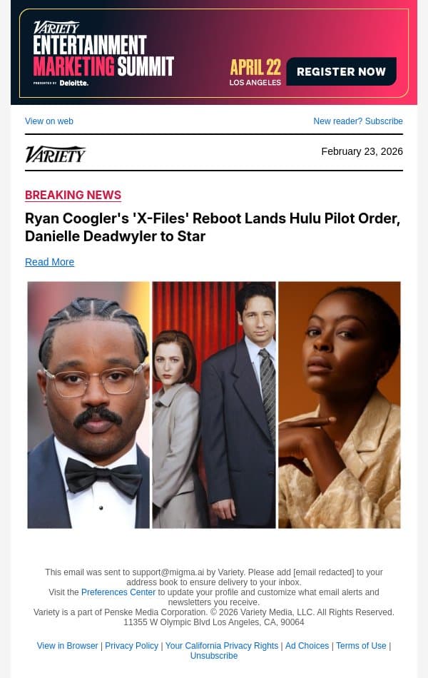 Ryan Coogler's 'X-Files' Reboot Lands Hulu Pilot Order, Danielle Deadwyler to Star email from Variety screenshot