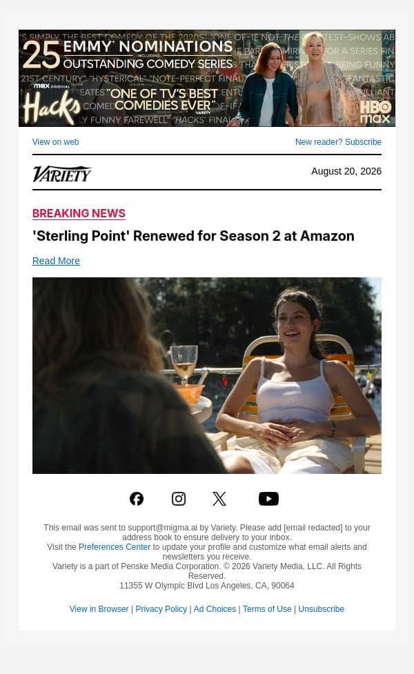 'Sterling Point' Renewed for Season 2 at Amazon email from Variety screenshot