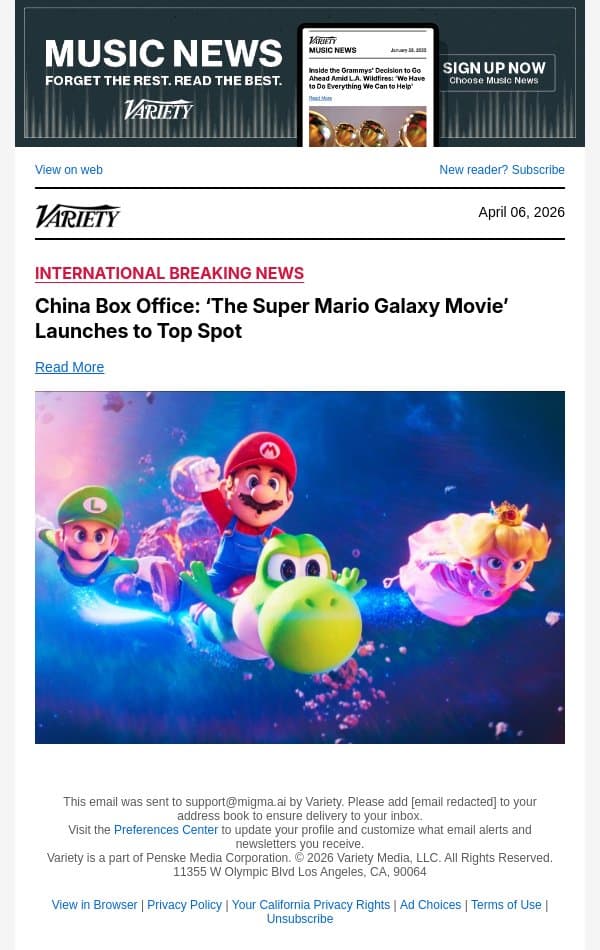 China Box Office: ‘The Super Mario Galaxy Movie’ Launches to Top Spot email from Variety screenshot